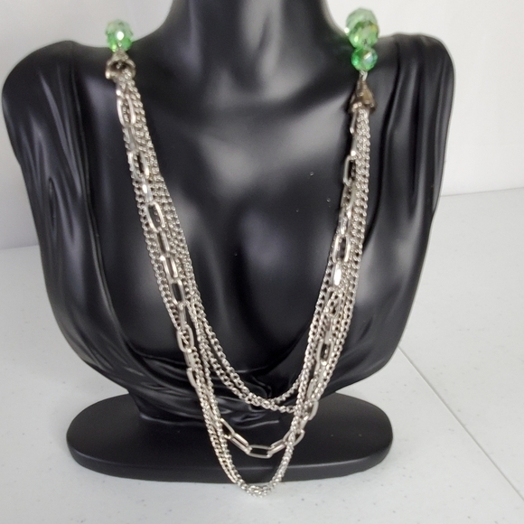 Layered Silver-tone Chain Necklace with Green Beads and Matching Earrings - Picture 3 of 10